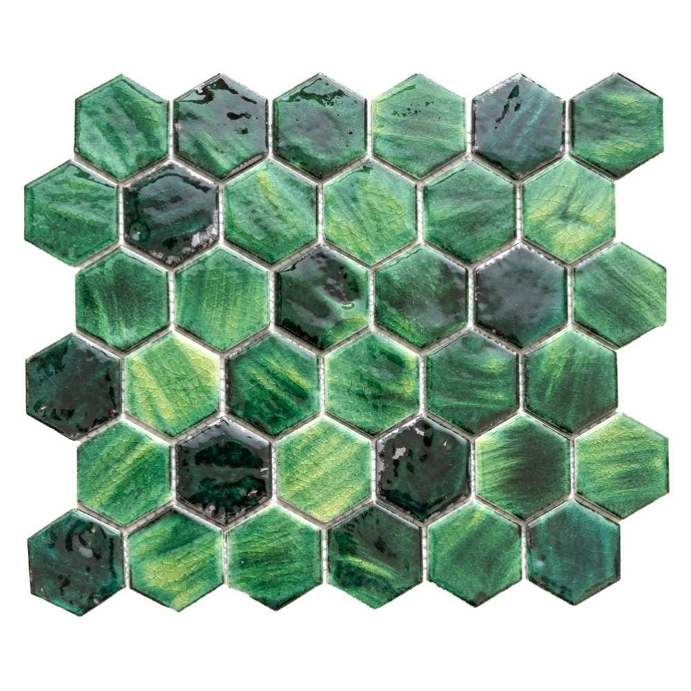 The Tile Life Agate 2 in x 2 in Hexagon Emerald Glossy Porcelain Mosaic Wall Tile 1 Sheet
