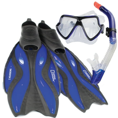 National Geographic Swordfish 2 Set, Hypoallergenic Silicone Mask Skirt with Tempered CE Lens, Semi Dry Snorkel n Adjustable Fin Strap, Packaged in Day Bag with Shoulder Strap, Sz XL 11-13,