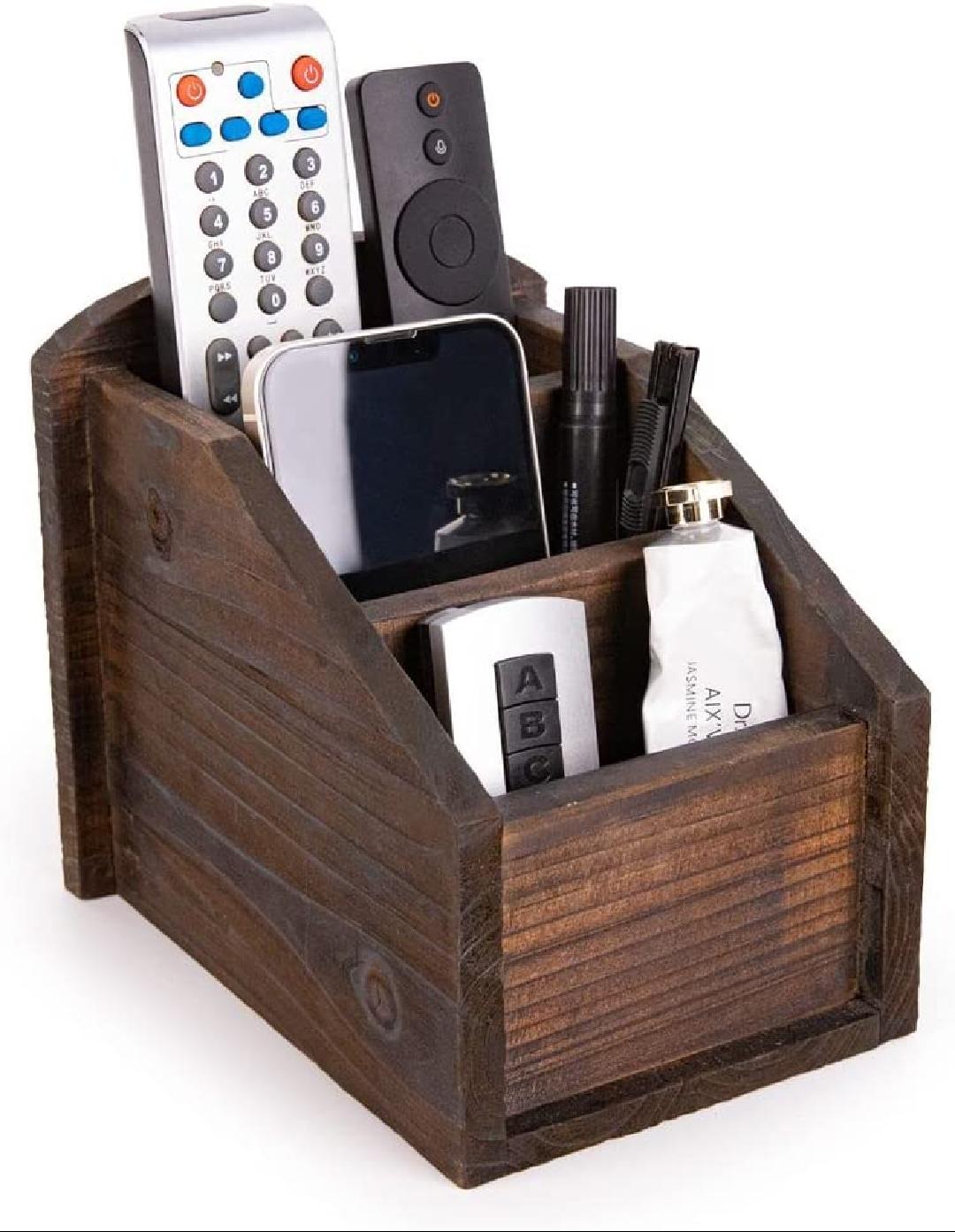 Rustic Wood Remote Control Caddy, 3 Slot Office Supply Storage Rack