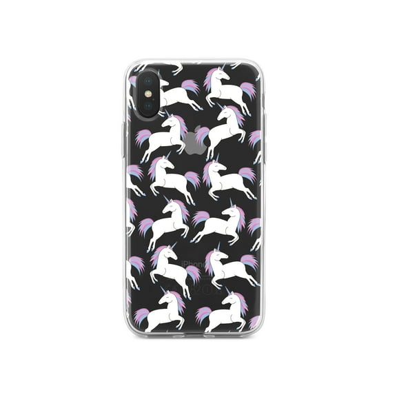 DistinctInk Clear Shockproof Hybrid Case for iPhone XS Max (6.5" Screen) - TPU Bumper, Acrylic Back, Tempered Glass Screen Protector - Repeating Pastel Unicorns