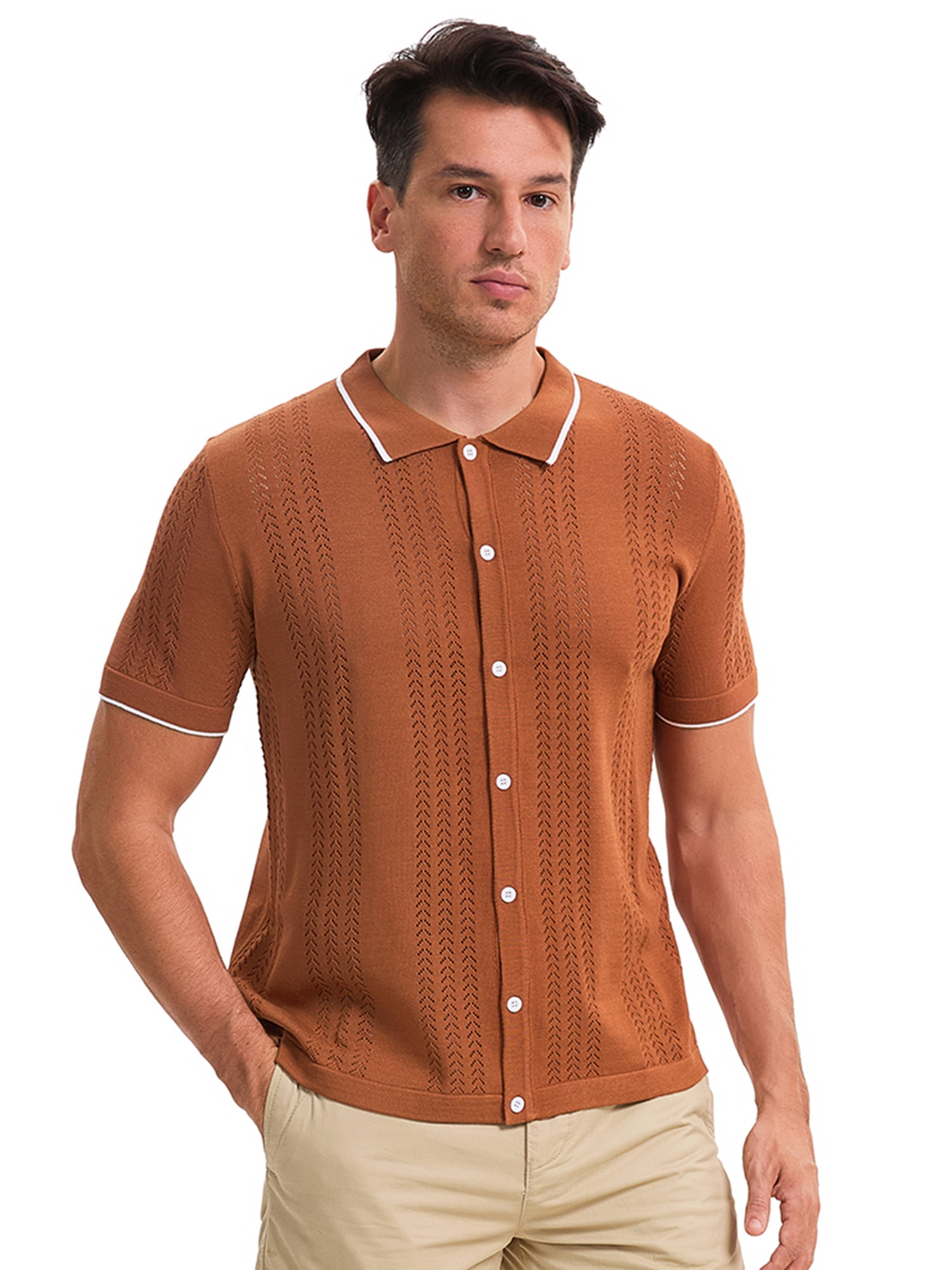DARING DIVA Men's Knit Button Down Casual Vintage Short Sleeve Polo Shirt XXL Brown