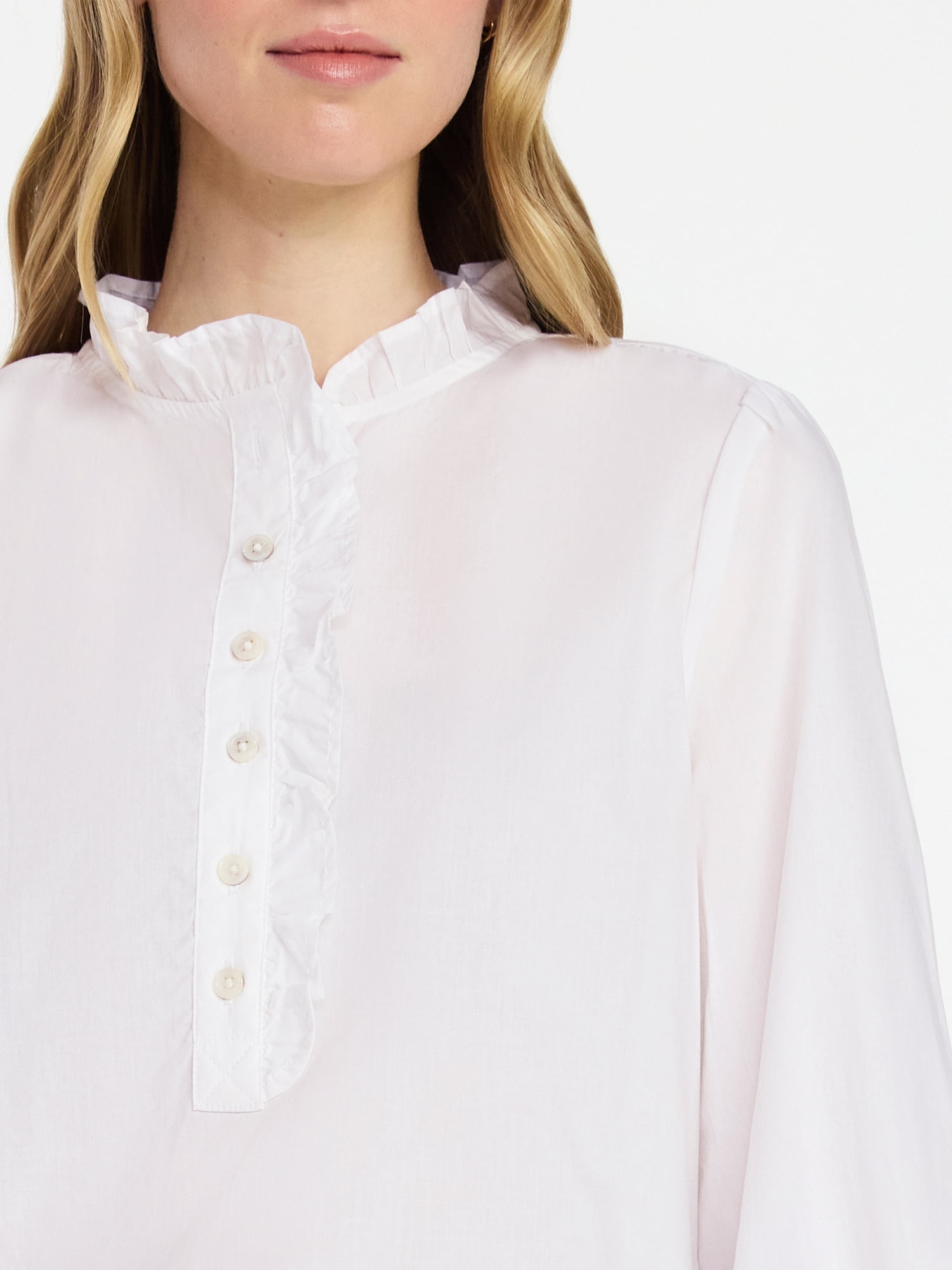 Time and Tru Women's Long Sleeve Ruffle Neck Button Down Top, Sizes XS-XXXL