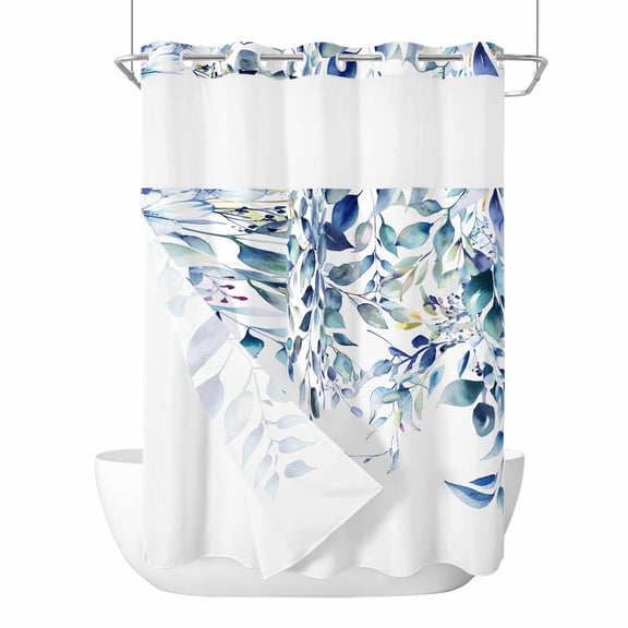 No Hook Shower Curtain, Blue Teal Eucalyptus Leaves Extra Long Bathtub Curtains with Snap in Liner, Watercolor Weeping Botanical Waterproof Washable Fabric Shower Curtain Set, 72"W x 96"L