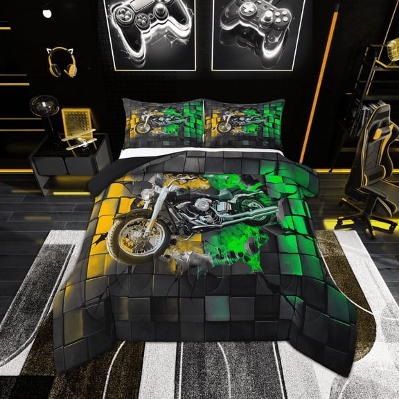 Erosebridal Dirt Bike Bedding Twin Comforter Set,Geometric Buffalo Down Comforter,Golden Green Bedding Sets Twin with Comforter,Lightweight Motorcycle Room Decoration,Reversible,2-Piece