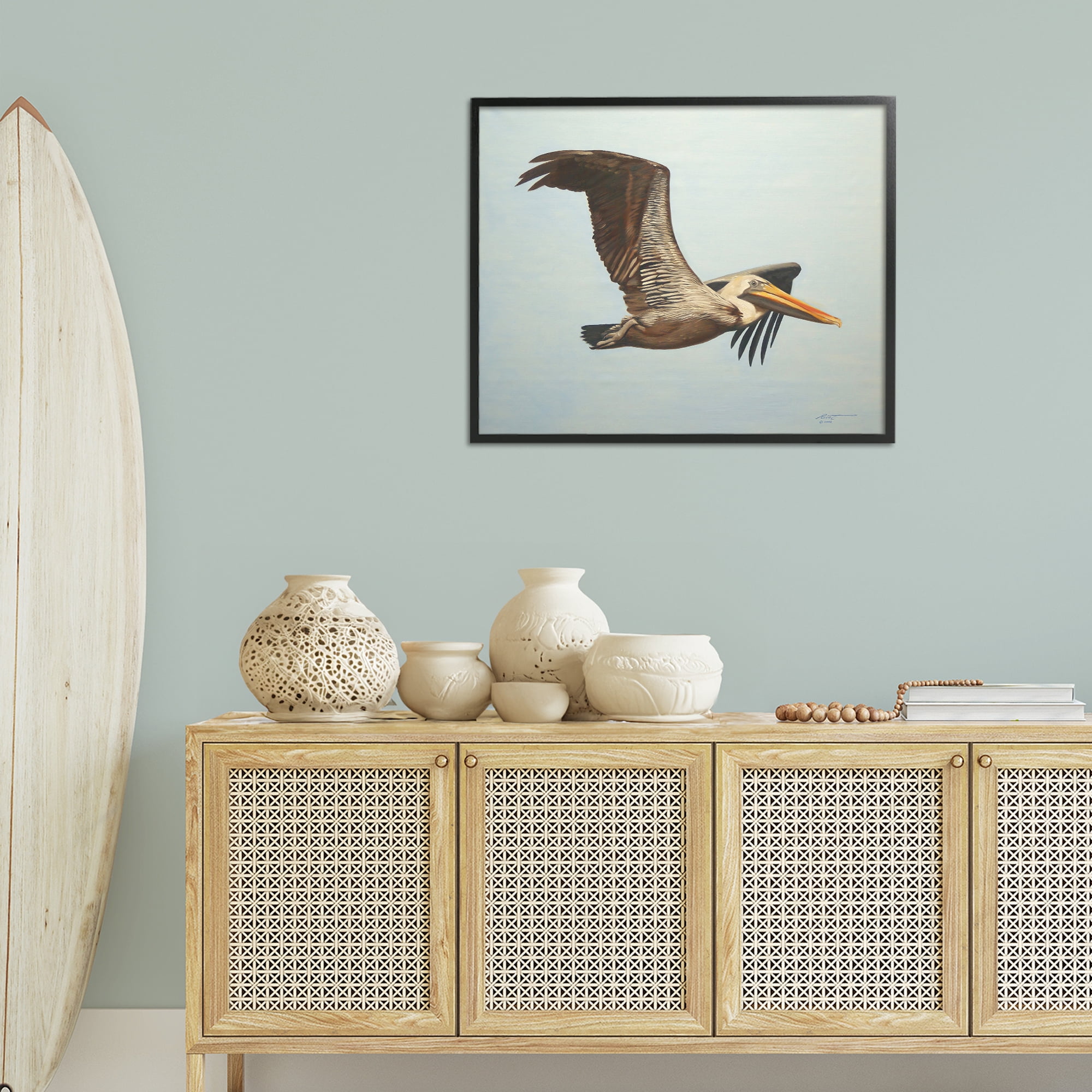 Stupell Industries Brown Pelican in Flight Animals & Insects Painting Black Framed Art Print Wall Art, 30 x 24