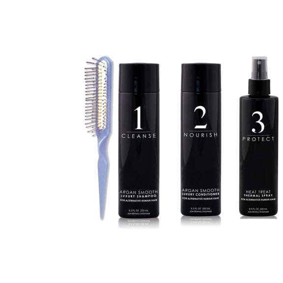 Jon Renau Argan Smooth Human Hair Care (Shampoo, Conditioner, Thermal Spray and Wig Brush)