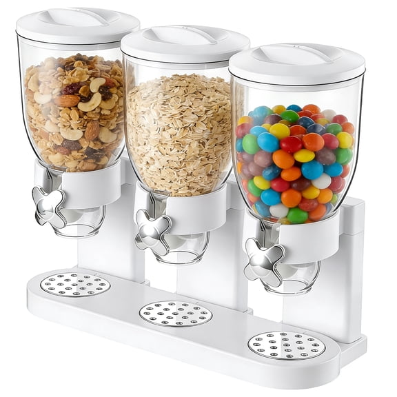 3-Container Cereal Dispenser, 6L Dry Food Storage, White Triple Snack Dispenser, Rotating Dry Food Containers Storage for Candy, Nut, Coffee Beans, 17.3 x 6.3 x 13.8 in