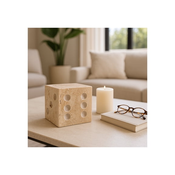 Decorative Travertine Dice Sculpture for Living Room Decor - Home Accent for Bedroom, Office Desk, and Book Shelf - Modern Game Dice for Coffee Table, Bathroom, and Entryway - 4", Tan & Ivory