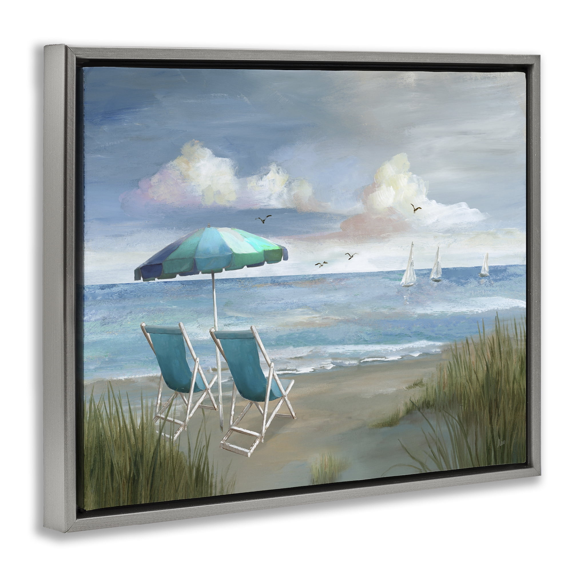 Stupell Industries Seagulls over Calm Beach Nautical & Beach Painting Gray Floater Framed Canvas Art Print Wall Art, 31 x 25