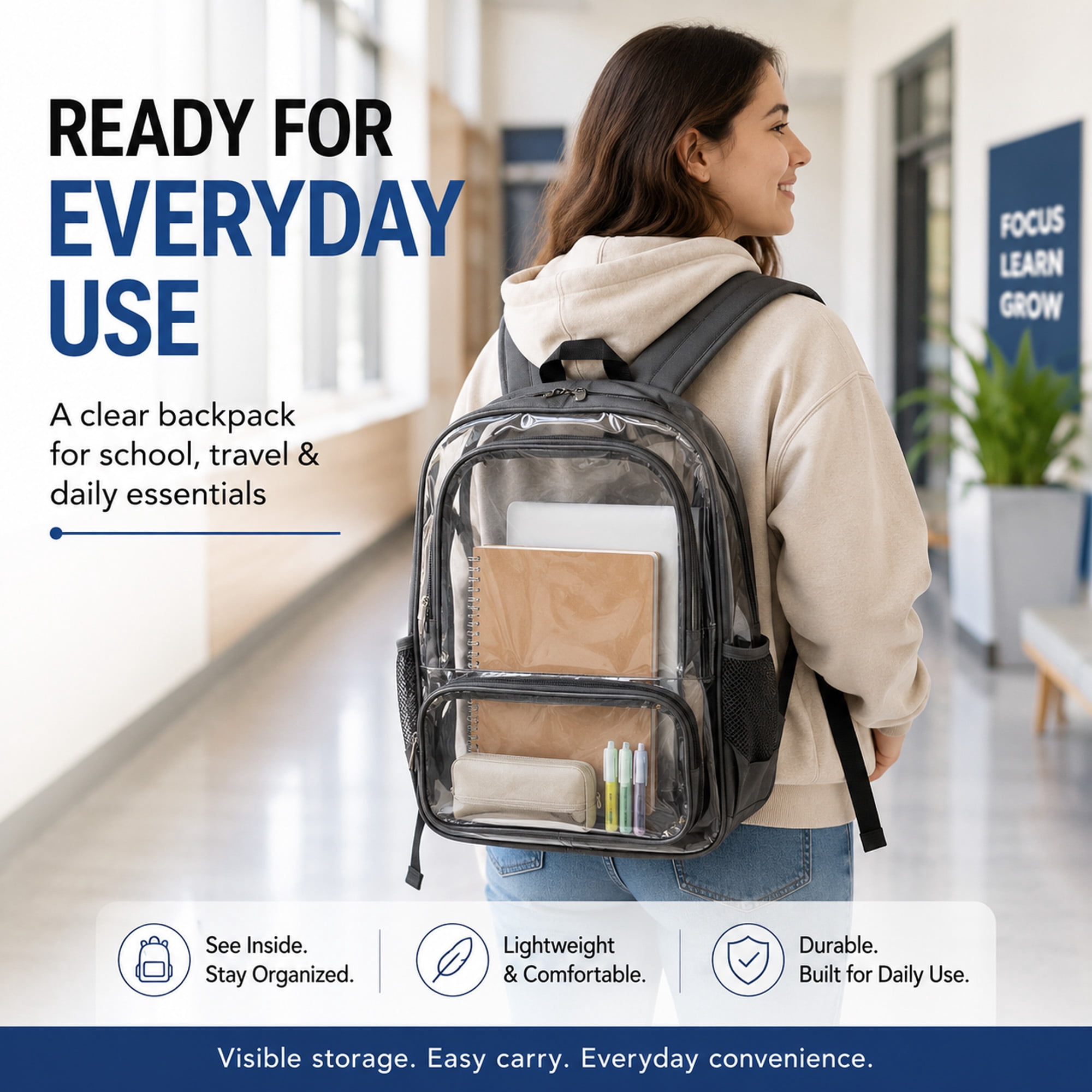 Large Clear Backpack with Dual Front Pockets, Padded Adjustable Straps and Side Mesh Pockets for School, Work & Travel