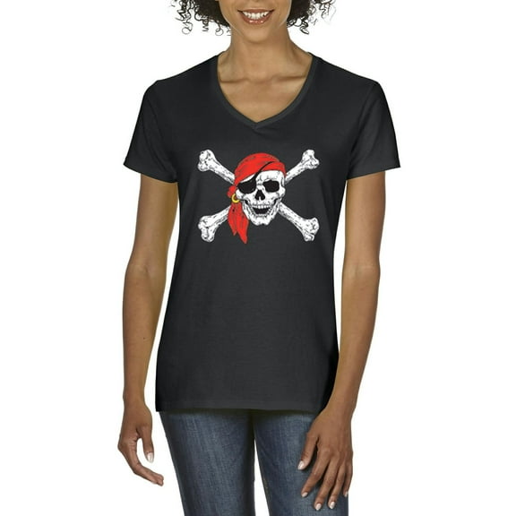 MmF - Women's T-Shirt V-Neck Short Sleeve - Halloween Jolly Roger Skull Crossbones