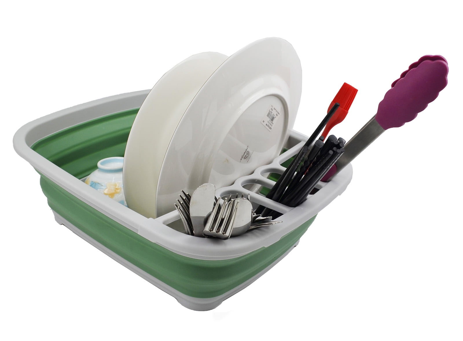 SAMMART 8L (2.11Gallons) Collapsible Plastic Dish Drainer - Foldable Drying Rack - Portable Dinnerware Organizer - Space Saving (Grey/Dark Sea Green