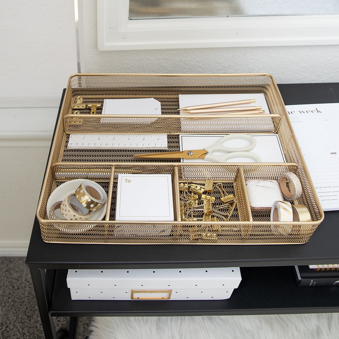 Blu Monaco Desk Drawer Organizer Tray for Office Organization - Gold Metal Large Drawer Organizer Bins - Desk Drawer Organizers and Accessories Tray Organizer