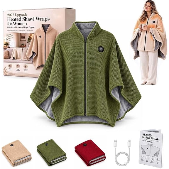 Wearable Heated Shawl Wraps for Women, 2027 New USB Blanket Shawl with Zipper, 3 Heat Settings, Soft Fleece Lining, Washable Heated Poncho for Home, Office, Travel and Winter Gift