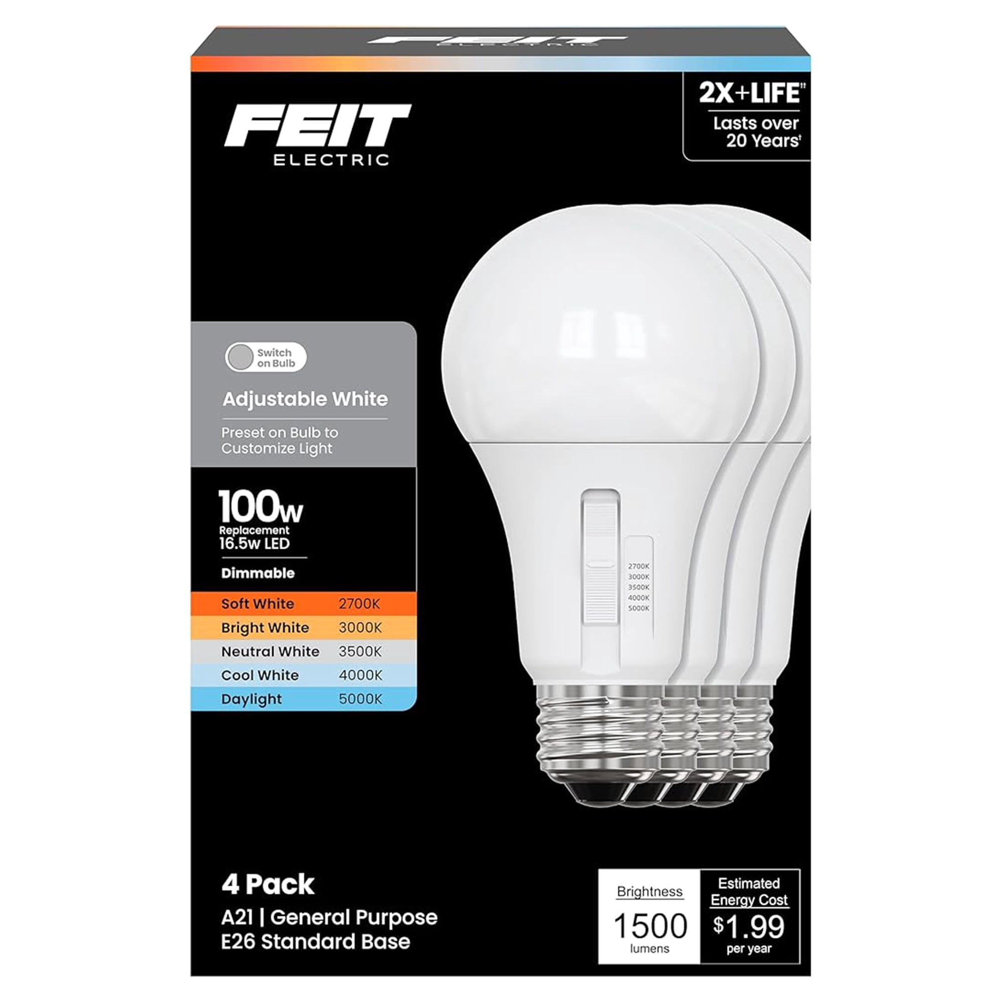 Feit A21 E26 (Medium) LED Bulb Adjustable White 100 Watt Equivalence 4 pk