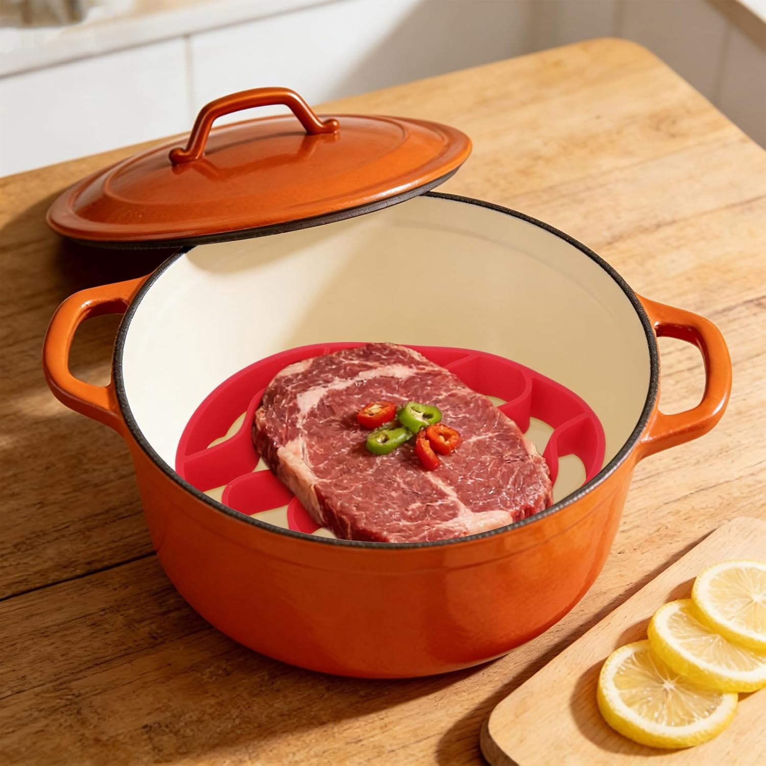 ABCISI 2pcs Silicone Cooker Racks, Oval Silicone Steamer Roasting Cooking Slow Steam Pan Roaster Racks Insert Multi-Use Kitchen Accessories Compatible with Instant Pot 5,6,8 Qt & Most Cookers (Red)