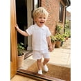 thumbnail image 6 of BemeyourBBs Toddler Baby Boy Summer Clothes Newborn Infant Boys Baptism Outfit Cotton Gauze Solid Color Short Sleeve Button Down Shirt Tops And Shorts Set Pocket, 6 of 9
