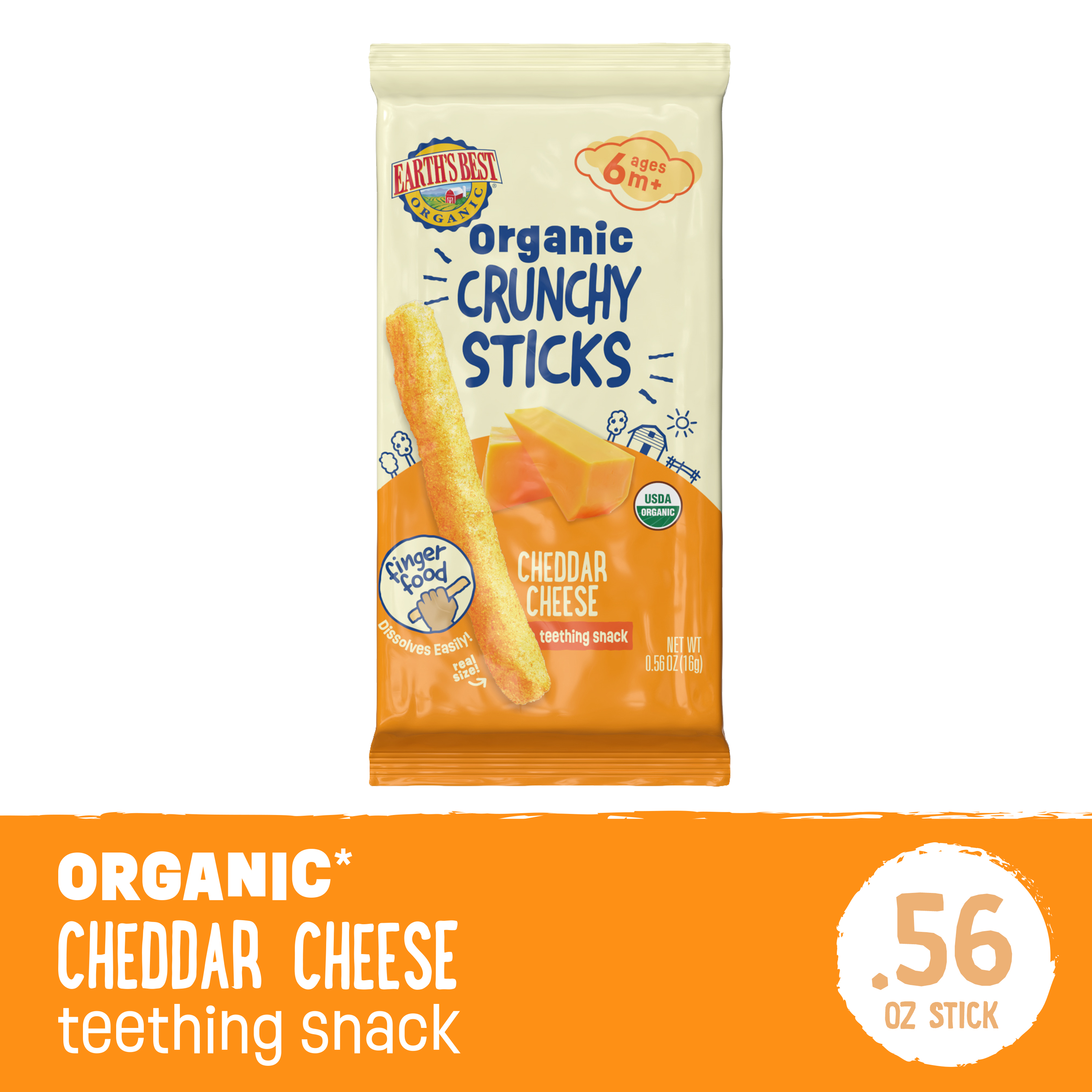 Earth's Best Organic Teething Crunchy Sticks Cheddar Cheese Puffed Baby Snack, 0.56 oz Bag
