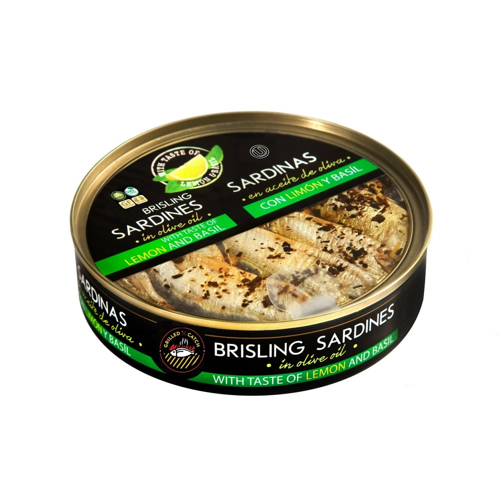 Grilled Catch Brisling Sardines in olive oil with lemon and basil 5.6oz