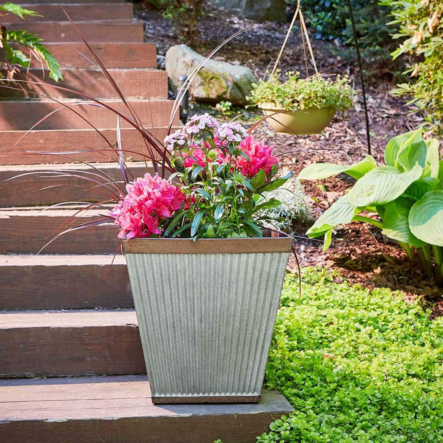 Southern Patio Set 3 Urne Quadrate In Resina Rustica Per Fiori: Fioriere Grandi Da Esterno/Interno (56L) Con Finitura Zinco Antiruggine