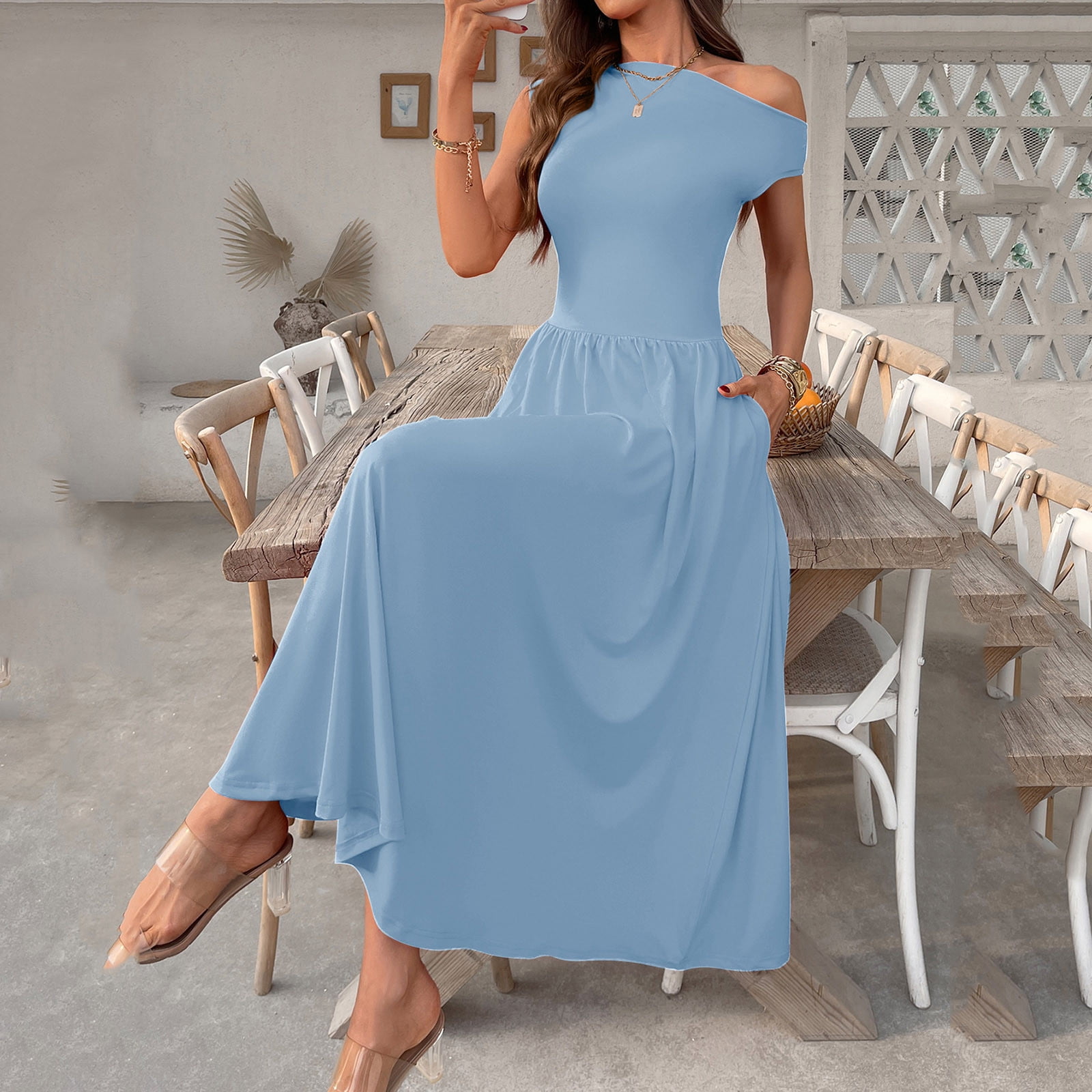 SMihono Women's Fashion Collared Summer Long Dresses Pleated Flowing Hem Loose Maxi Dress Elegant Beach Clothes Sky Blue M