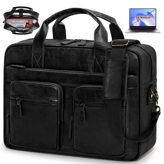 RAINSMORE 15.6 Inch Messenger Bag for Men Vintage PU Leather Laptop Bag Waterproof Computer Briefcases for Men Retro Mens Briefcase Satchel Bag for Work Office Business Travel,Black
