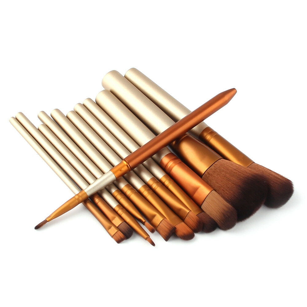 12Pcs Make Up Brushes Tool Set, Makeup Foundation Blusher Brown, Gold