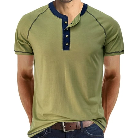 Clearance Hfyihgf Henley Shirts for Mens Button V Neck Short Sleeve T Shirts Solid Color Lightweight Summer Casual Front Placket Tee Shirt Tops(Army Green,L)