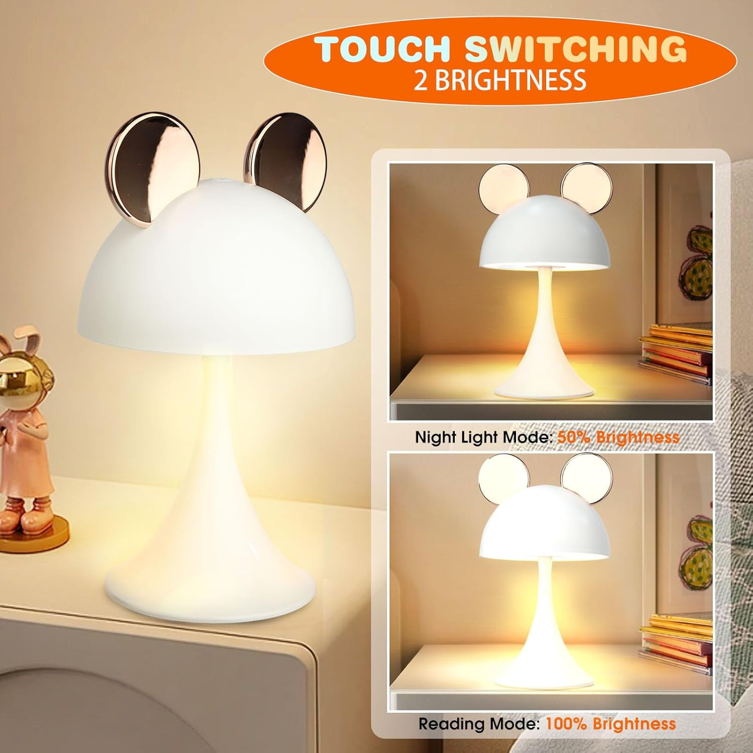 Rechargeable Mouse Shape LED Dimmable Touch Desk Lamp Reading Night Light Cute Bedside Lamp (Gold)