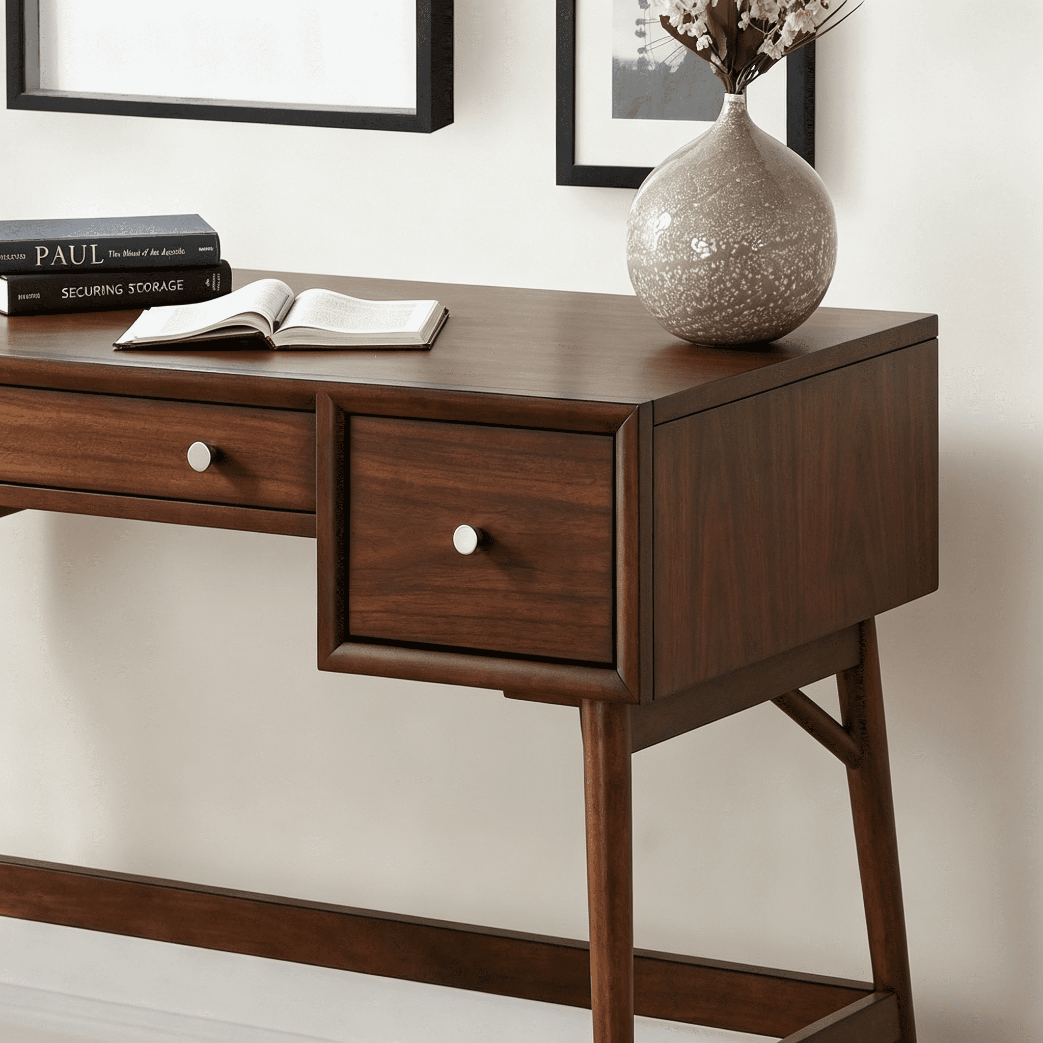 Asteroutdoor Brown Writing Desk with Drawers, Walnut Veneer, Mid-Century Style