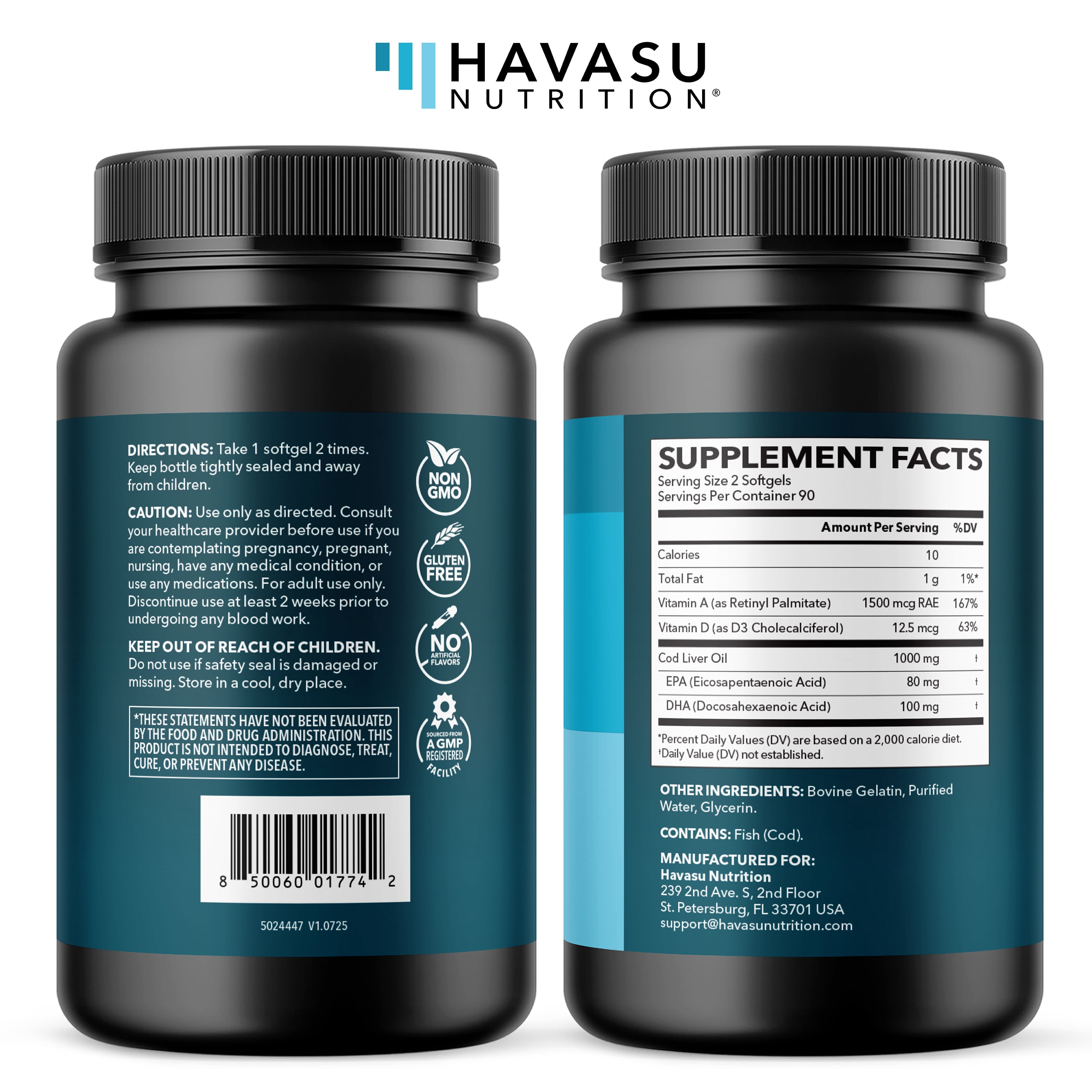 Havasu Nutrition Cod Liver Oil Softgels with Omega 3, EPA, & DHA, Fish Oil with Vitamins A and D3, 1000mg, 180 Count