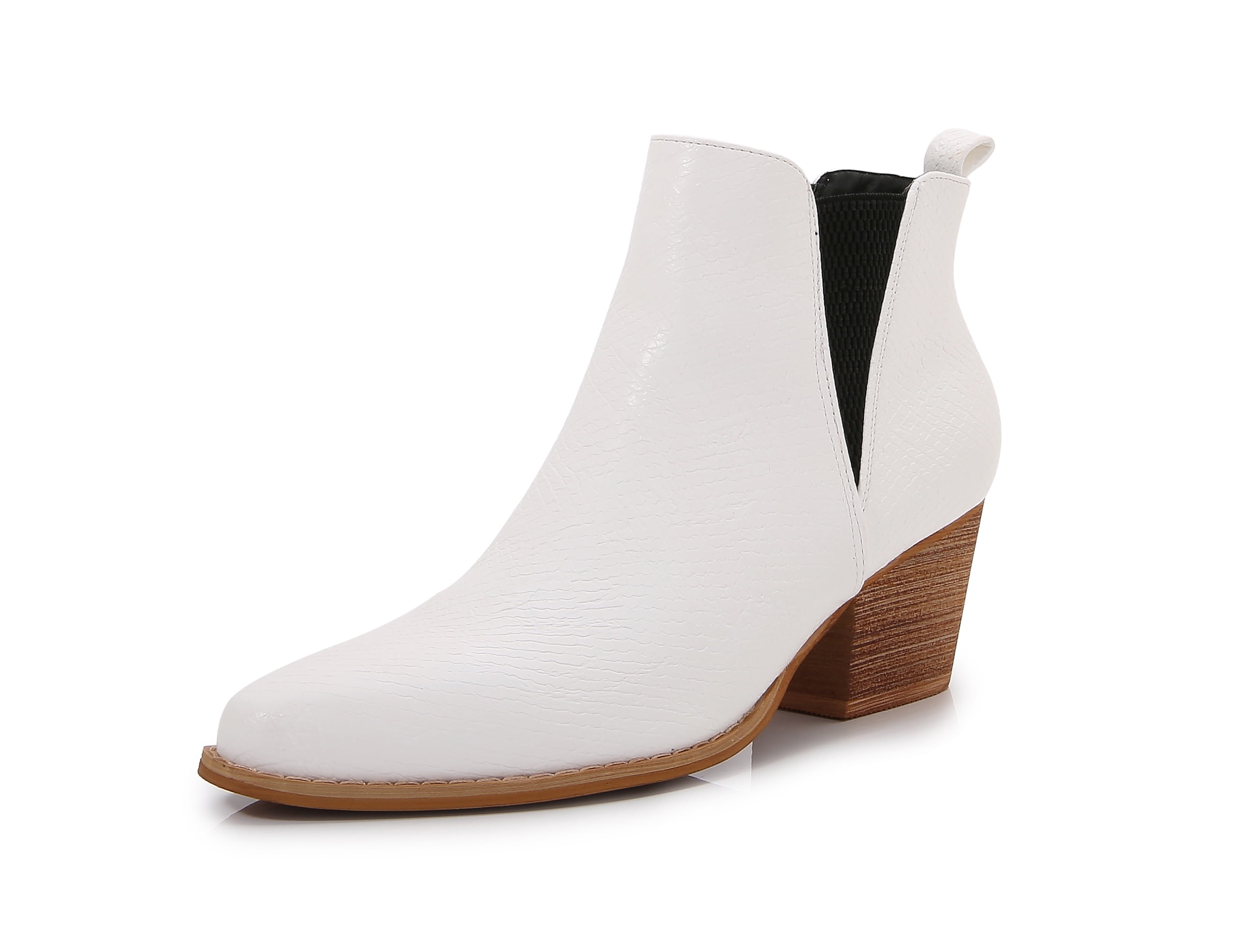 Wooden Heel Short Chelsea Ankle Boots (White, 7)