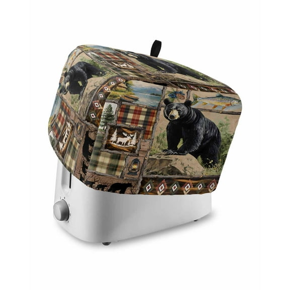 Fsddascl Vintage Black Bears Toaster Cover 2 Slice, Small Kitchen Appliance Covers, Abstract Country Plaid Fish Retro Toaster Oven Cover with Loop, Bread Machine Cover Polyester Dust Cover