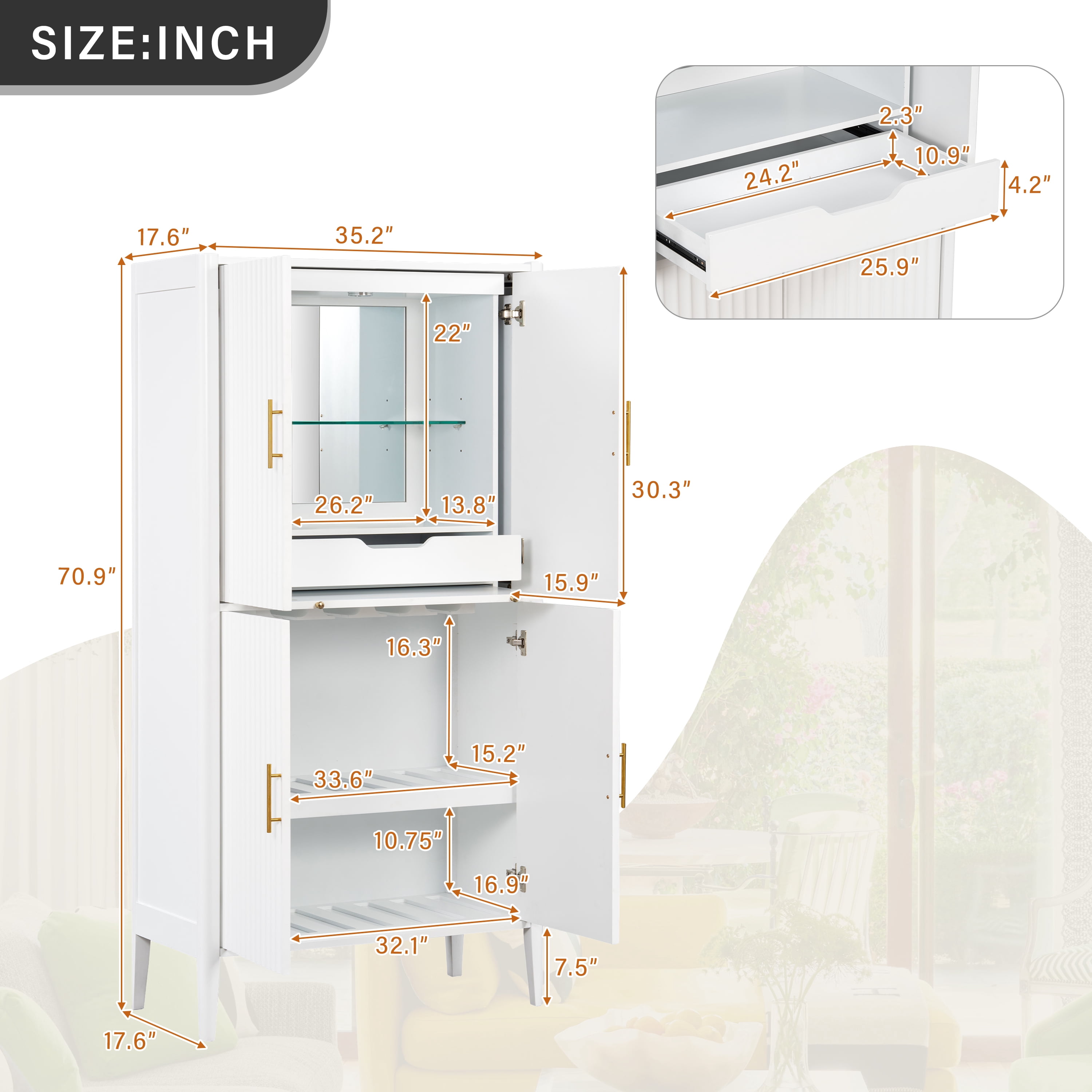 Mintazer 71" Tall Fluted Home Bar Wine Cabinet with 4 Door & Drawer, Modern LED Light Freestanding Storage Cabinet with Glass Rack & Adjustable Shelves for Dining Room Living Room, White