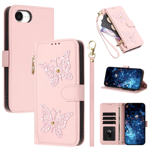 for iPhone 16e/17e Wallet Case, PU Leather TPU Protective Cover with Butterfly Design Zipper Pocket Card Slots Kickstand Shoulder Strap Wrist Strap Magnetic Clasp, Apricot