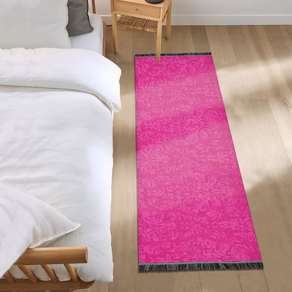 Hot Pink Flower Patterns Bedside Runner Rug 2'x 6' Non Slip Carpet Floor Mat Area Rug