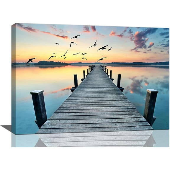 Aaheei Lake Canvas Wall Art Nature Pier Boardwalk Pictures Wall Decor Birds Blue Sky Lake Scene Canvas Prints Painting Artwork for Home Living Room Bedroom Office
