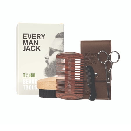 Every Man Jack Beard Grooming Tool Set - Dual Tooth Beard Comb, Medium Stiffness Beard Brush, Stainless Steel Sheers with Mini Comb