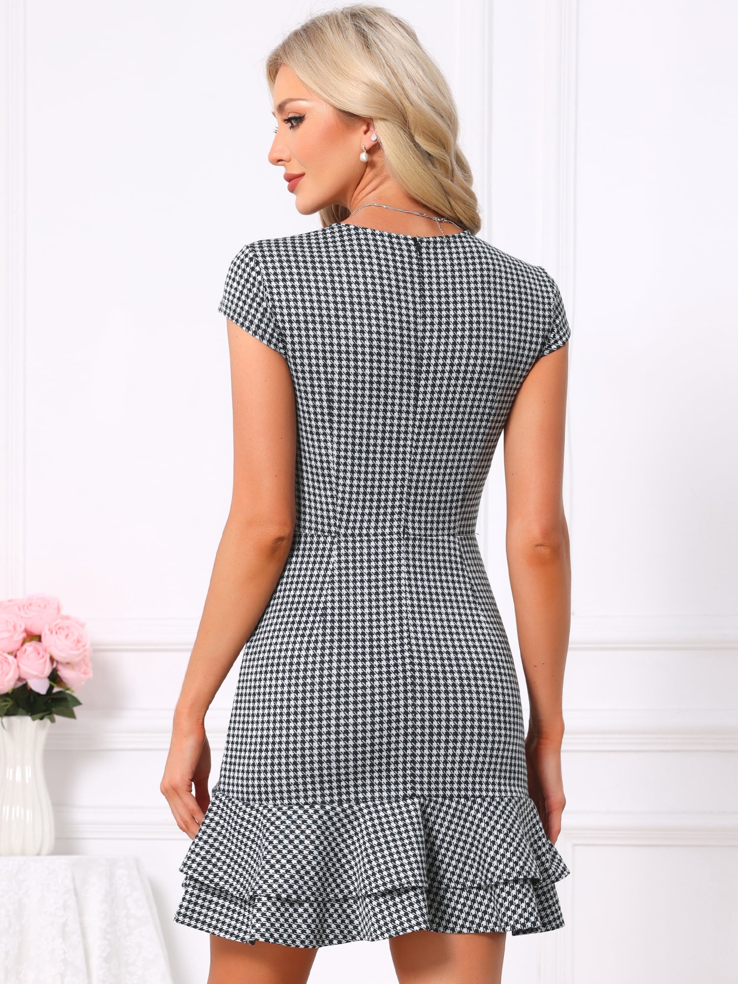 DARING DIVA Women's Elegant Houndstooth Ruffle A-Line Mini Dress XL Black