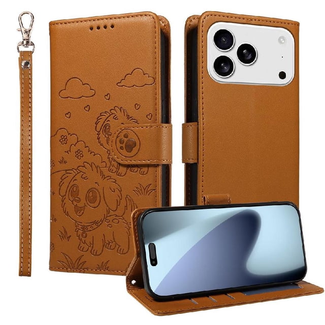 Funda Cartera GANGXUN con Diseño de Perrito en Relieve para iPhone 17 Pro , Protección 360° con Ranuras y Correa Desmontable
