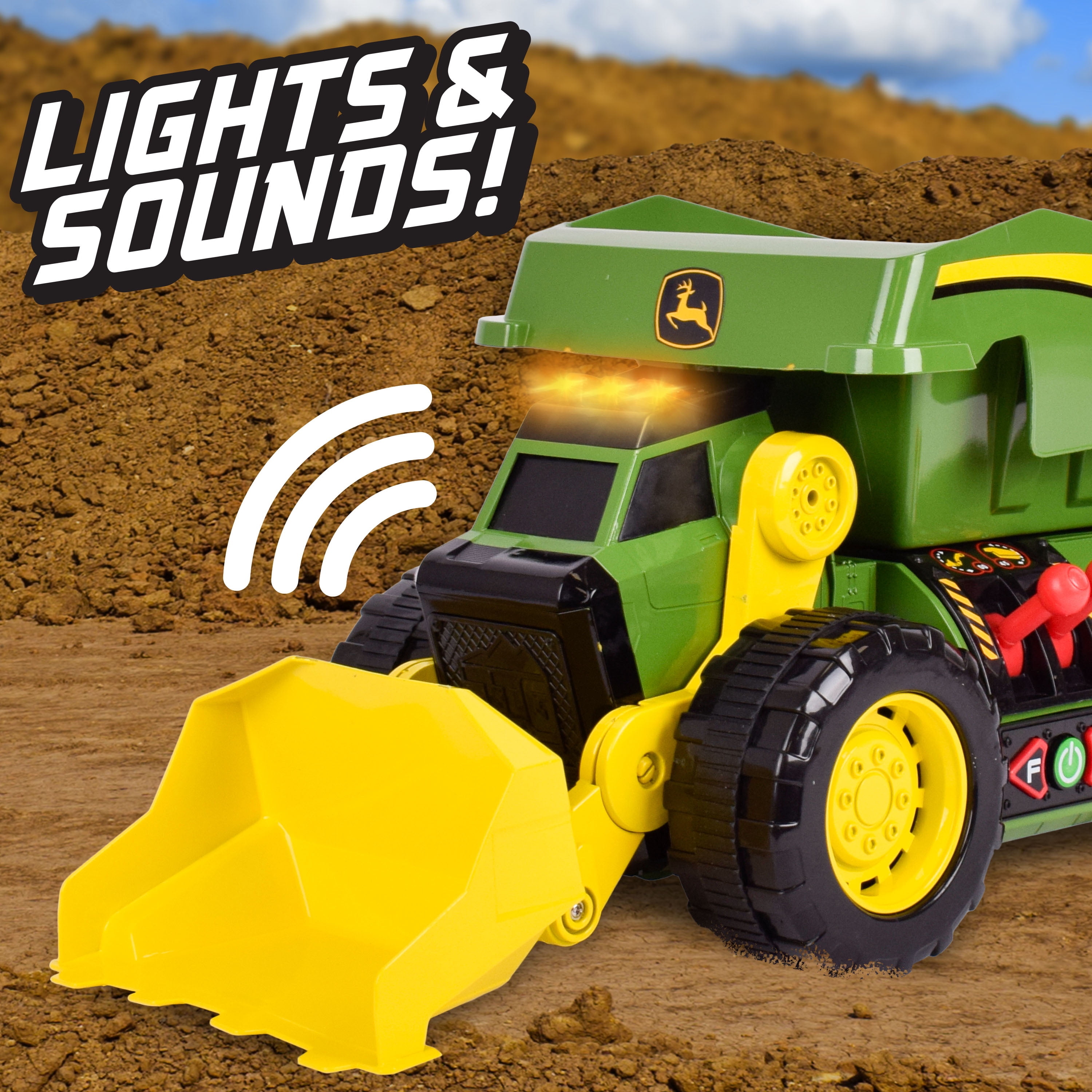 John Deere, 18" 2-N-1 Dig Rig Toy Dump Truck and Front Loader with Lights and Sound, Children Ages 3 and up