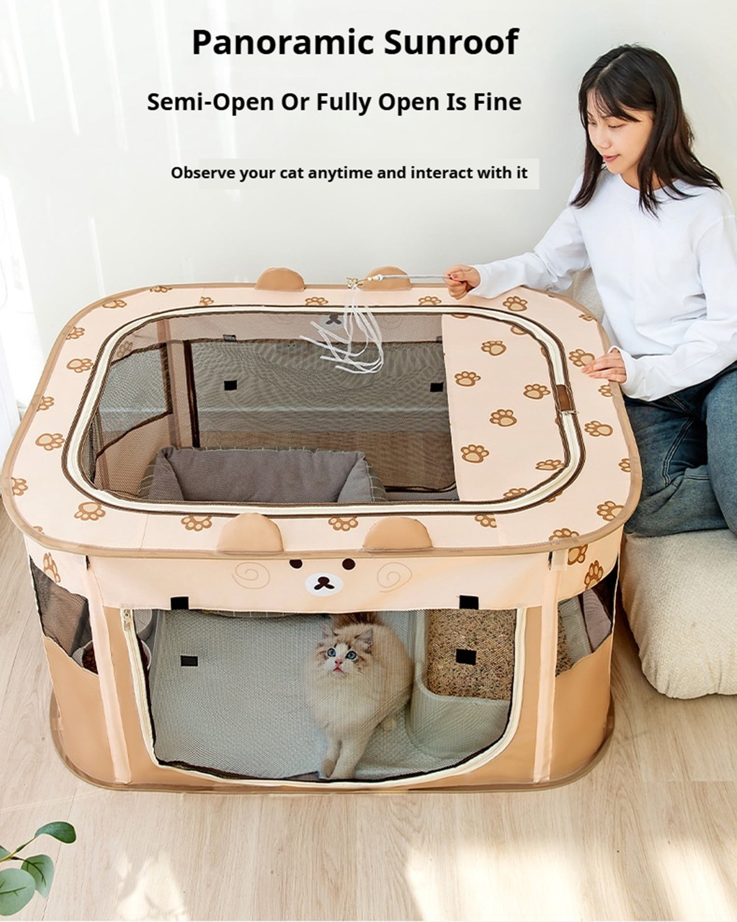 Foldable Cat Delivery Room, Portable Pet Whelping Tent for Cat Birth & Puppy, Rectangular Space-Saving Cat Nest with Breathable Mesh & Sunroof (M/L/XL/XXL)