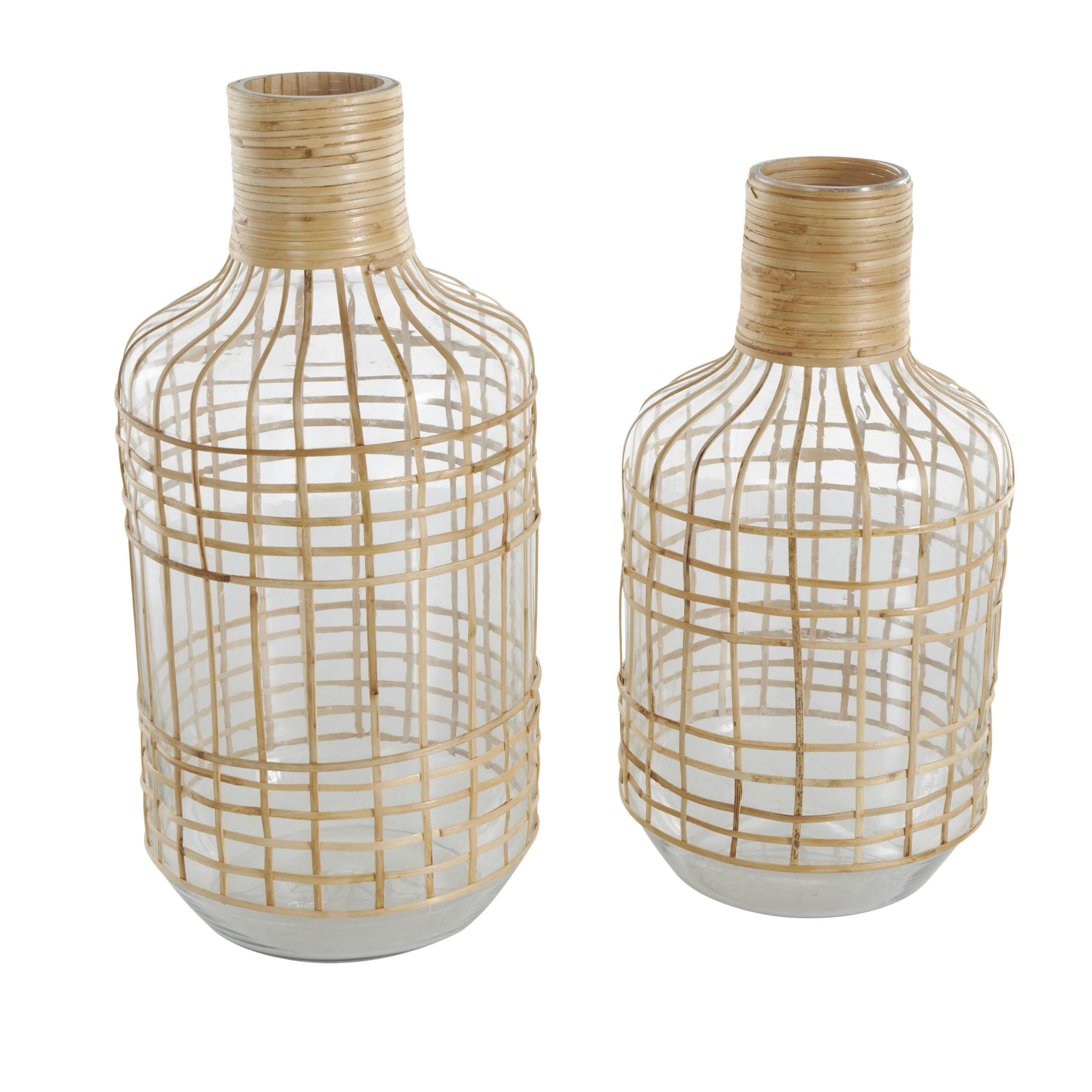 DecMode 15", 13"H Handmade Rattan Wrapped Glass Vase, Set of 2