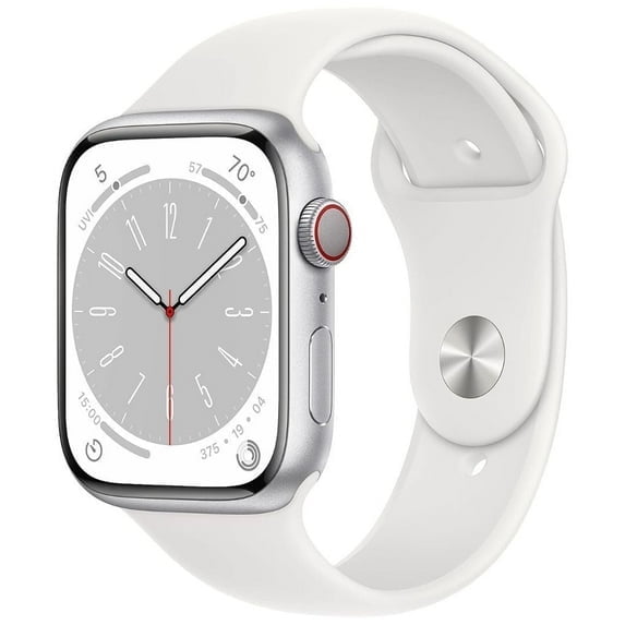 Restored Apple Watch Series 8 (GPS Cellular 45MM) Silver Aluminum Case with White Sport Band (Refurbished)