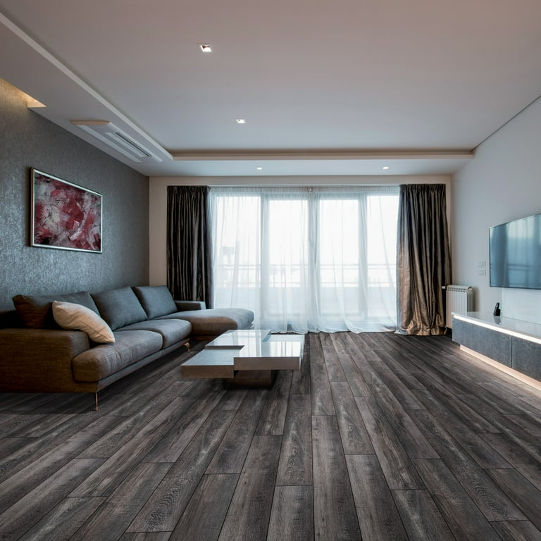 Oak Luxury Vinyl Plank Basement Family Room Flooring and Dark Gray