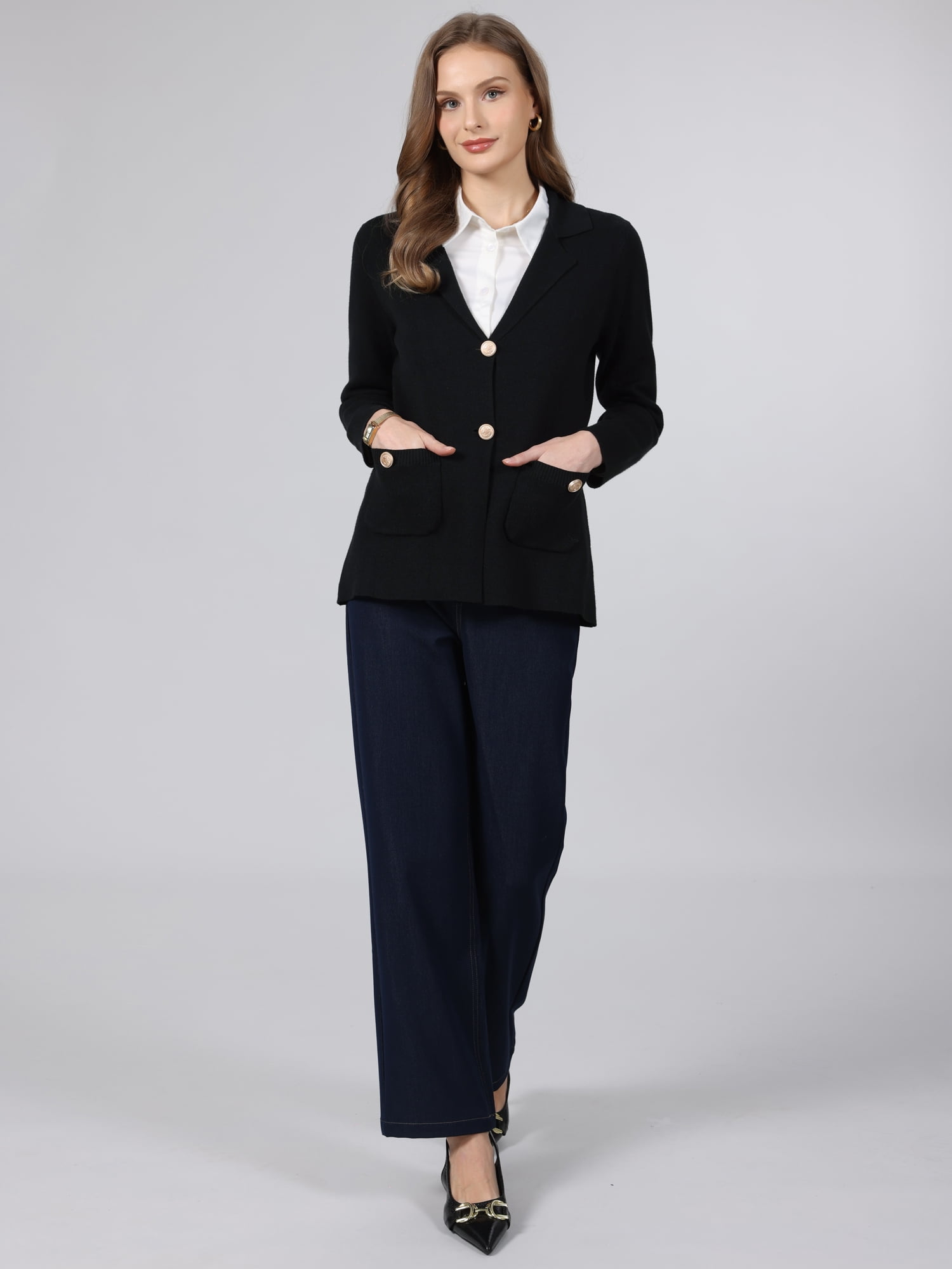 DARING DIVA Women's Sweater Blazer Lapel Knit Pockets Blazer M Black