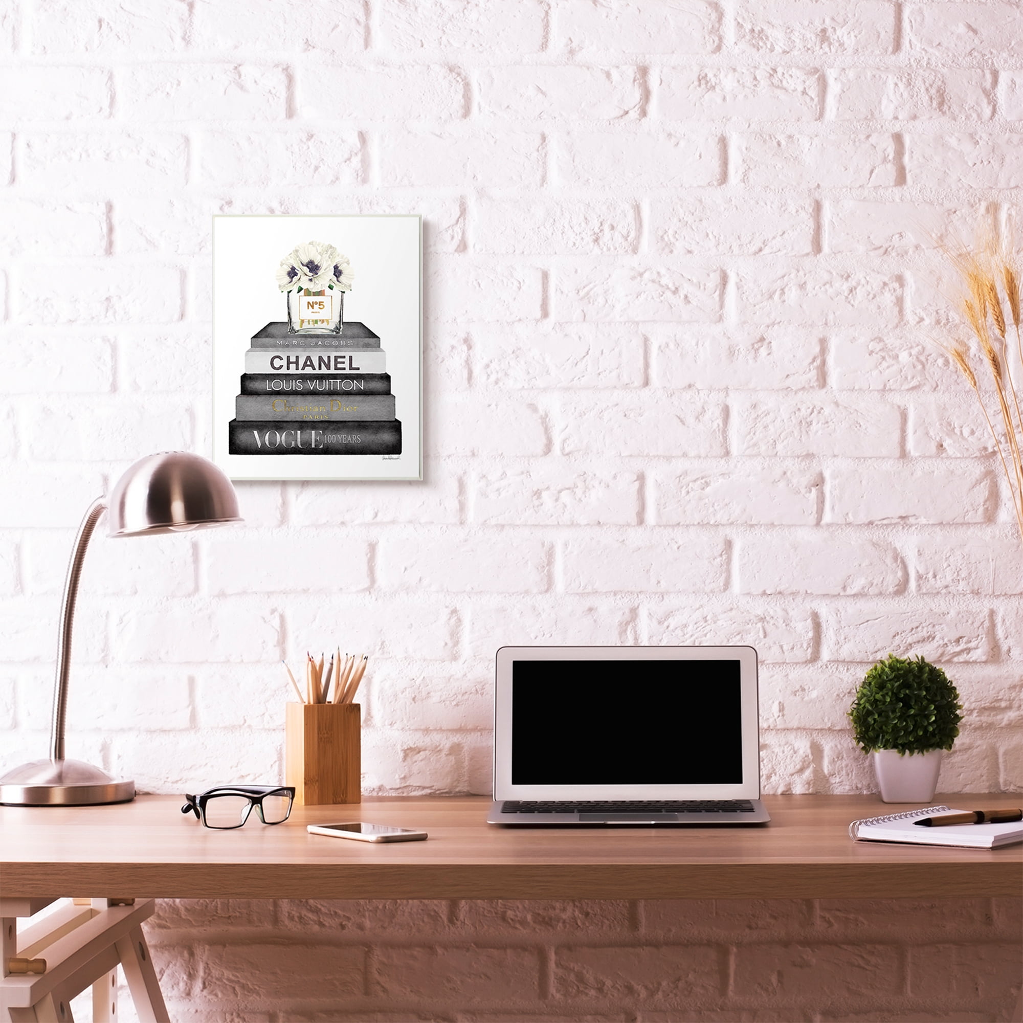 Stupell Industries Fashion Designer Flower Bookstack Black And White Watercolor Wall Plaque by Amanda Greenwood