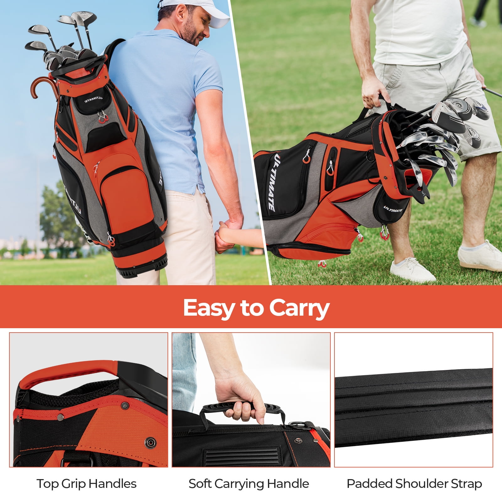 Topbuy Golf Cart Bag Top Golf Clubs Organizer with 7 Zippered Pockets Including Waterproof Valuable Pockets Rain Hood and Shoulder Strap Black + Red