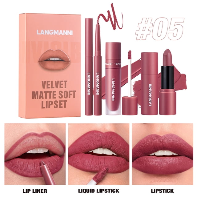 LANGMANNI 6-Color Lip Set | Waterproof Long-lasting Lip Liner Liquid Lipstick | Velvet Matte Texture Makeup (05)