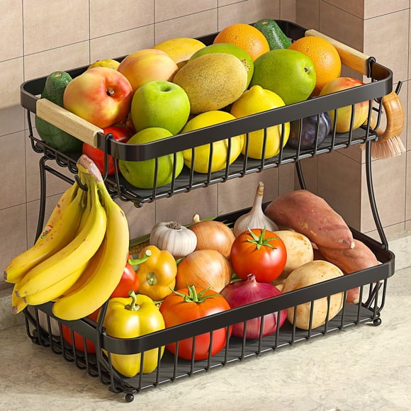 Sevenblue Canasta Frutera Metálica Grande de 2 Niveles con Soporte para Plátanos